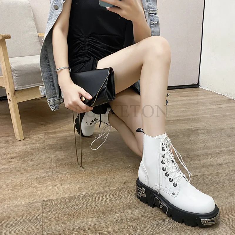 Punk Style Chunky Sneakers Women Gothic Lolita Shoe Metal Decor Lace Up Casual Shoes 6CM Thick Sole Flats Shoes Platform Trainer