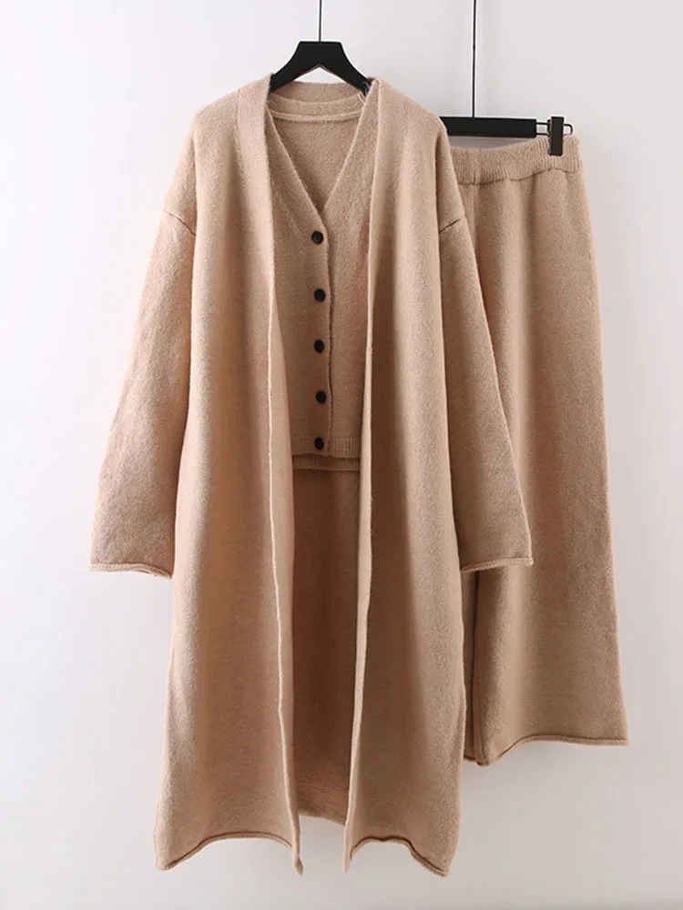 LANMREM Women Knited Three-piece Set Mid Length Sweater Coat With Casaul Vest Wide Leg Pants 2024 Autumn New Clothing 2Z2243