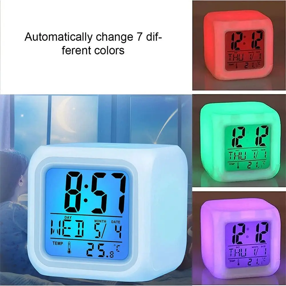 Home Bedside Table 7 Colors Digital Bedroom Calendar LED Alarm Clock Electronic Clock Night Light