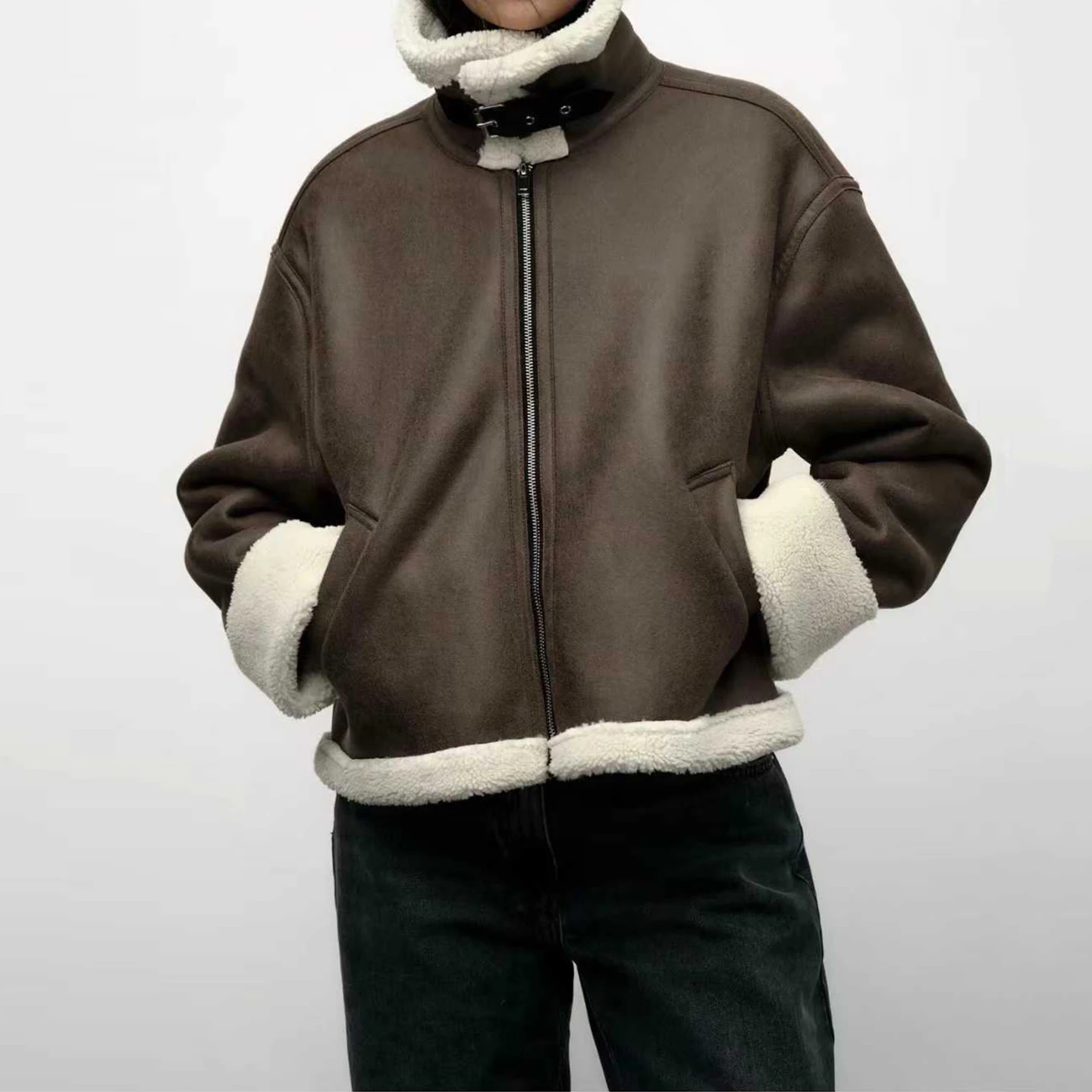 Z المرأة الرجعية طوق طويل Sve الفراء الجلود ort معطف دافئ الوقوف صالح السيدات ملابس خارجية للاستخدام اليومي خريف 2025 #2