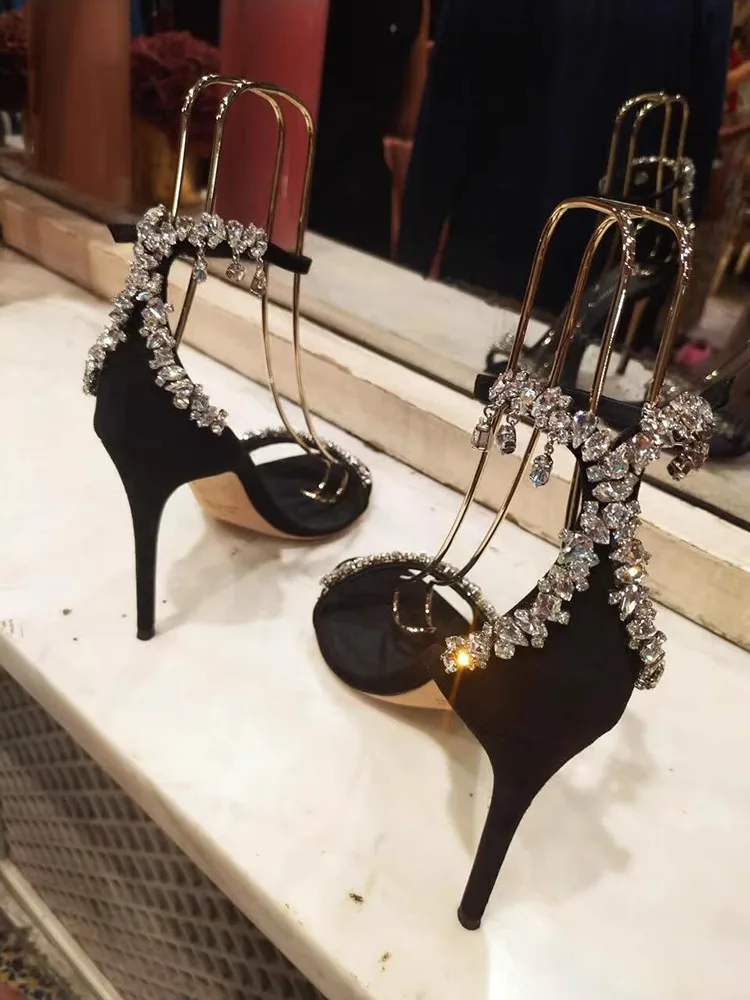 

Rhinestone Strappy Buckle Sandals Fairy-Style Sexy Stiletto Women Shoes Open-Toed High Heels Sandalias Mujer Verano