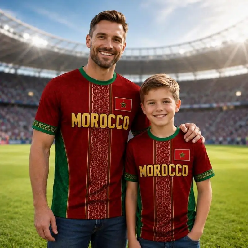 Maillots de football du Maroc pour toute la famille – Respirants, séchage rapide, motifs ethniques – Hauts pour hommes et femmes, parfaits pour les matchs et les tenues quotidiennes
