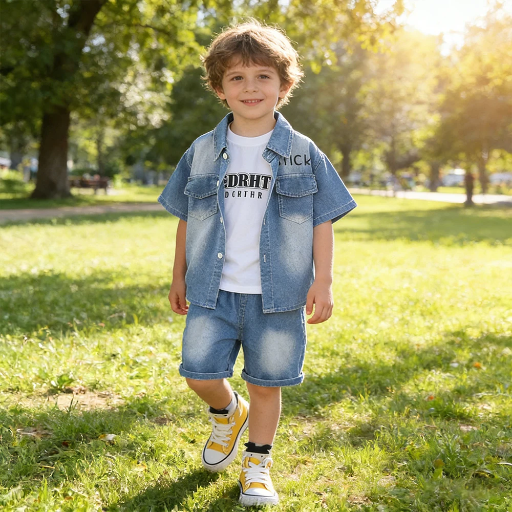 

2026 Summer New Boys Suits Children Short Sleeve Denim Sets Korean Outfit T-shirt+Shorts+Jacket 3Pcs Sets Outdoor Casual Clothes