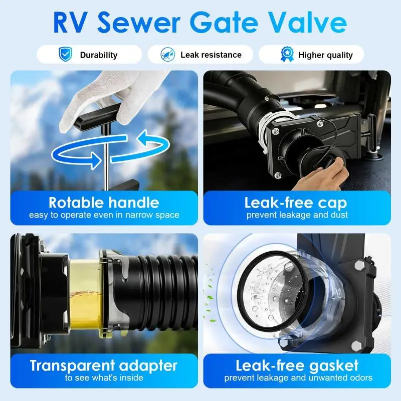 3in RV Waste Gate Valve Twist On Bayonet Sewer Drain with Clear Adapter Cap for Camper Road Trip Sewer Needs