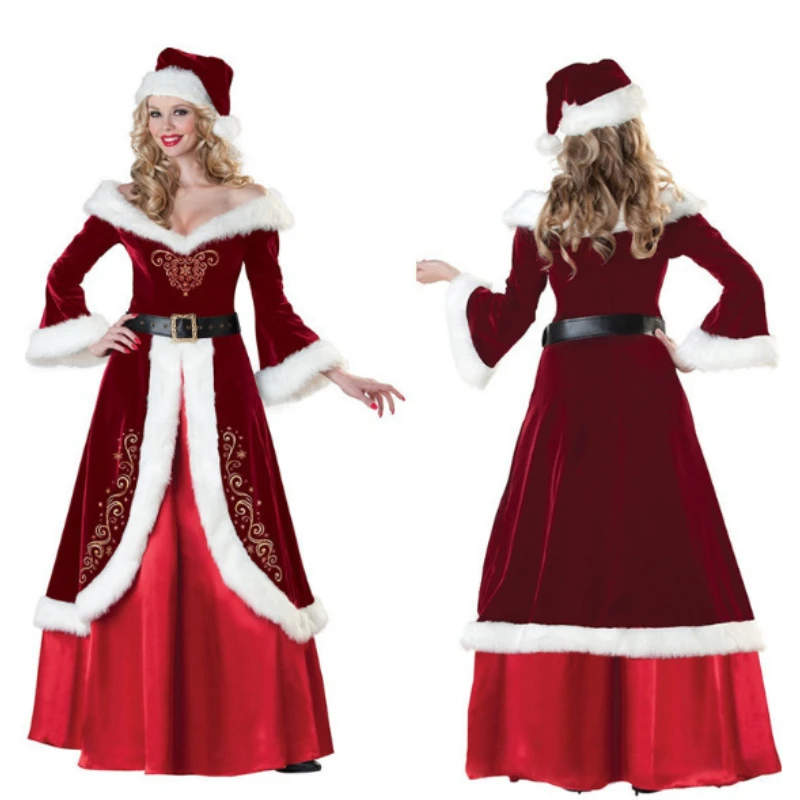 Christmas Santa Claus Cosplay Costume Adult Women Dress Suit Men Beard Top Pants Uniform Outfit Xmas Party Role Play