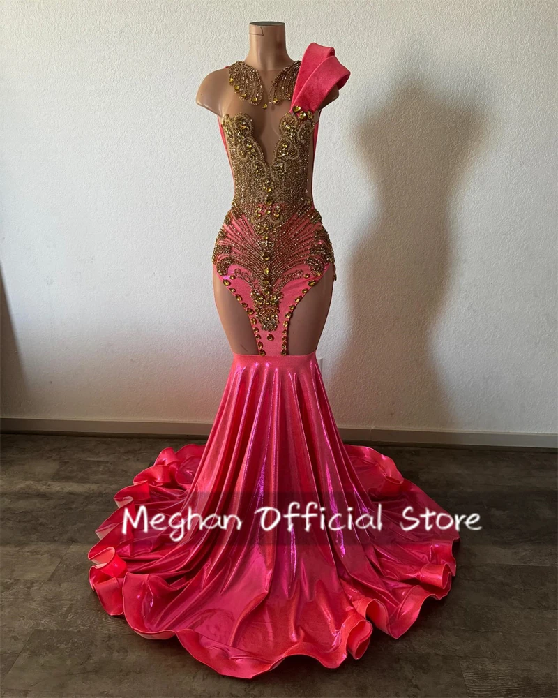 Fuchsia O N Long Prom Dresses Black Girls Bead Crystal Rhinestone 2025 Birthday Luxury Dress Evening Dresses Back Out Customized