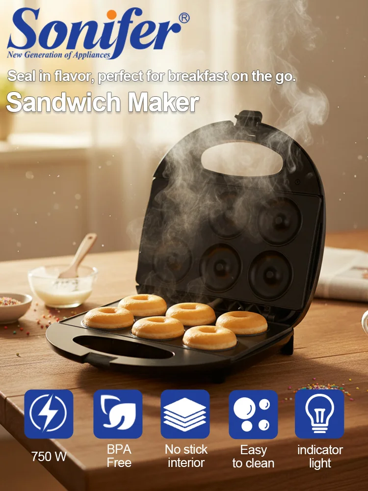 Donut Maker Sonifer SF-6066 800W Electric Mini Donut Machine Non Stick Baking Pan Thermostatic Control for Home Kitchen