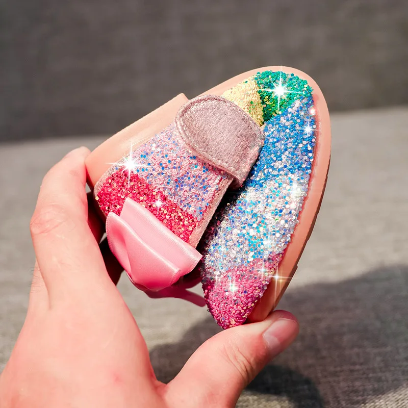 Picture 6: Kids Shoes Girls 2025 New Spring Princess Flat Party Dancing Shoes Rainbow Sequins Children Girls Shoes with Bowtie 24-38 CSH985