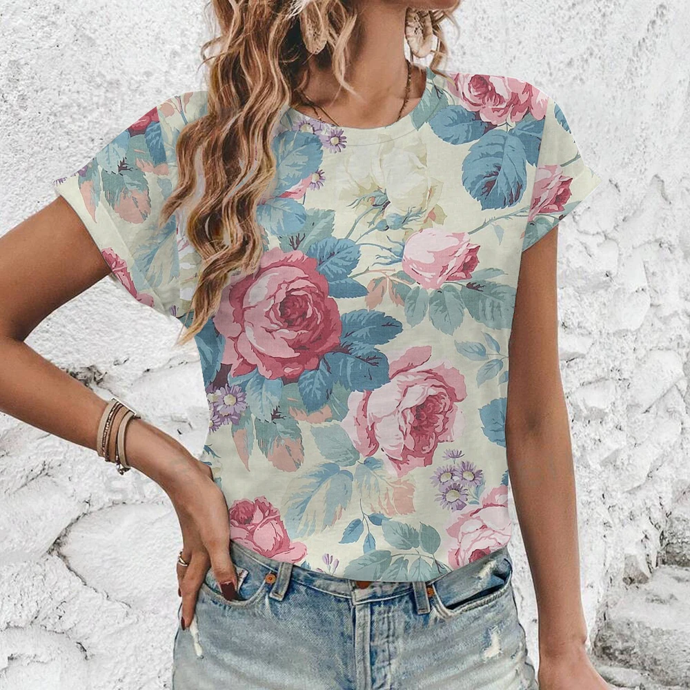 Elegant And Simple Fashion Women\'s T-shirt Summer Casual Loose Comfort O-Neck T-shirt Vintage Flower Print High Quality T-shirt