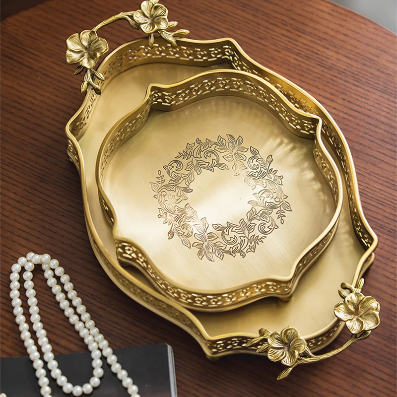 Home Decoration Retro Brass Tray Entrance Storage Ornaments Dining Table Fruit Tea Tray Storage Tray Handmade Carved Crafts