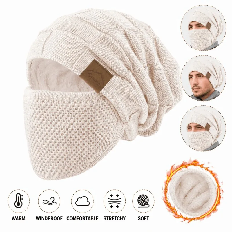 Casual Plus Size Winter Beanie Cap Thick Warm with Face Cover Knitted Hat Cuffed Design Soft Face Mask Set for Women Men