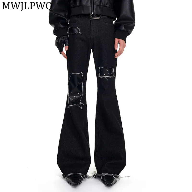 

MWJLPWQ Rivet Patchwork Design Leather Flared Jeans Male American Style Frayed Hem Tassel Bell Streetwear Autumn New Pants 11746
