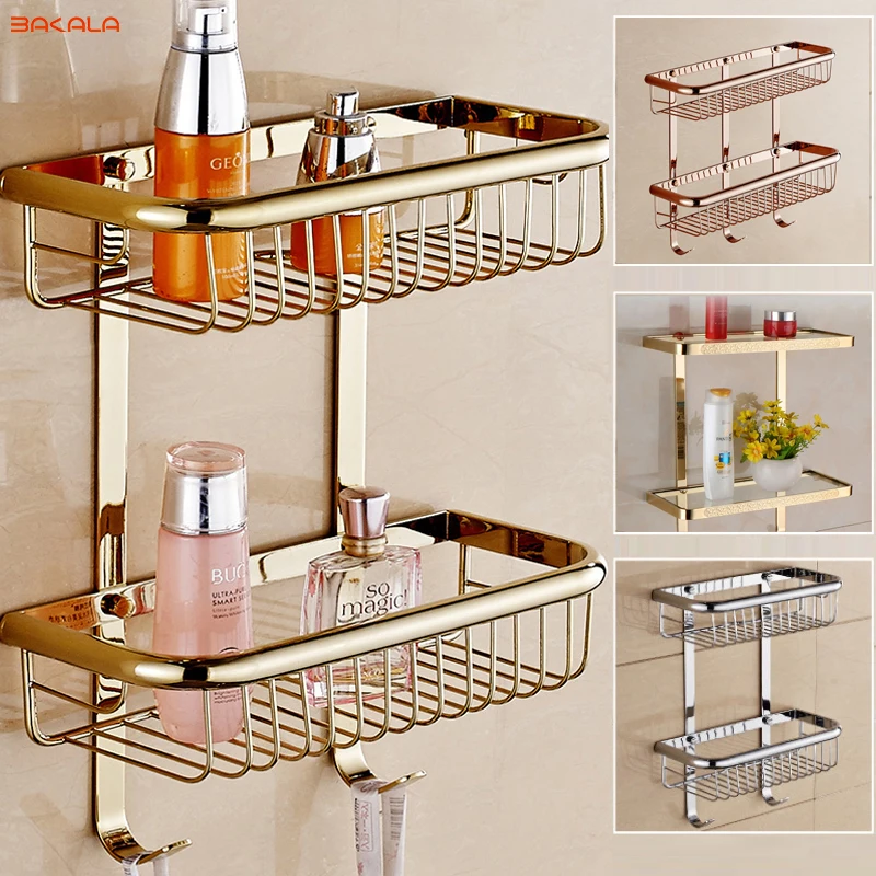 BAKALA Brass Bathroom Shelves With Robe Hook 2-Tier Bathroom Storage Basket Wall Mount Bathroom Shelf BR-6