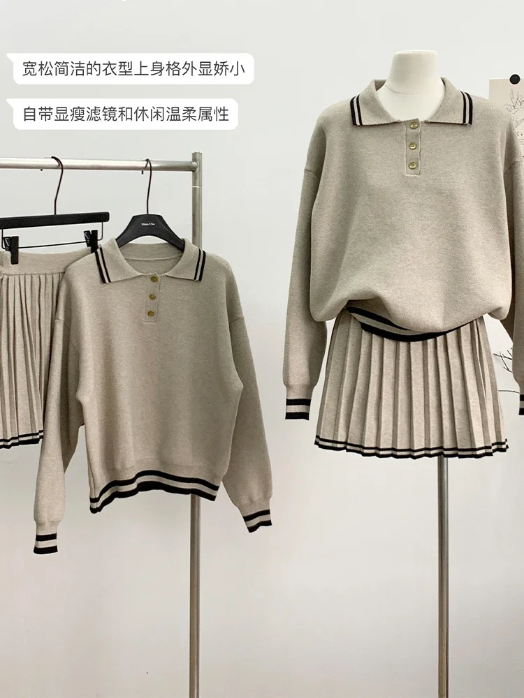 Women's Khaki Skirt Sets Vintage Long Slevee Sweater with Pleated Mini Skirt Vintage Y2k Preppy Style 2 Sets Suit 2000s Clothes