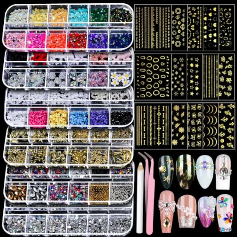 Kit de decoración de uñas con 15 hojas de pegatinas doradas para uñas, 6 cajas de gemas para uñas, herramientas para decoración de uñas, diamantes de imitación para uñas