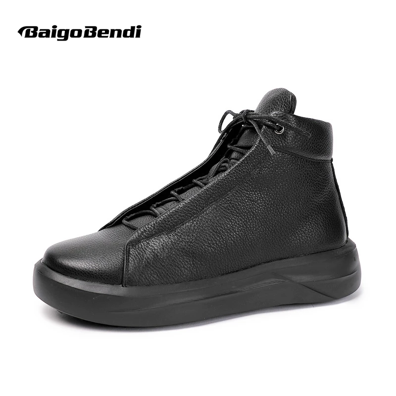 

US Size Men's Lychee Pattern Soft Leather Simple Ankle Boots Casual Man Winter Thick-sole Warm Plush Shoes All-match