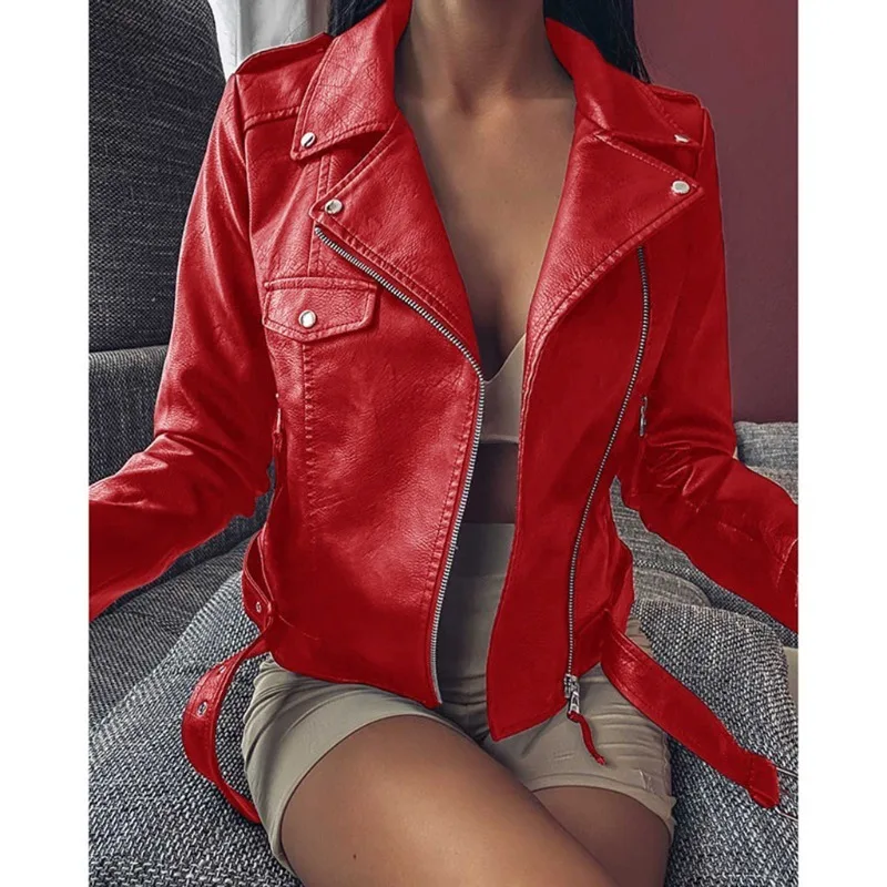 Women'Leather Jacket 2025 Autumn Autumn New Lapels Short Spliced Pockets Coat PU Locomotive Clothing Slim Fashion Leather Jacket