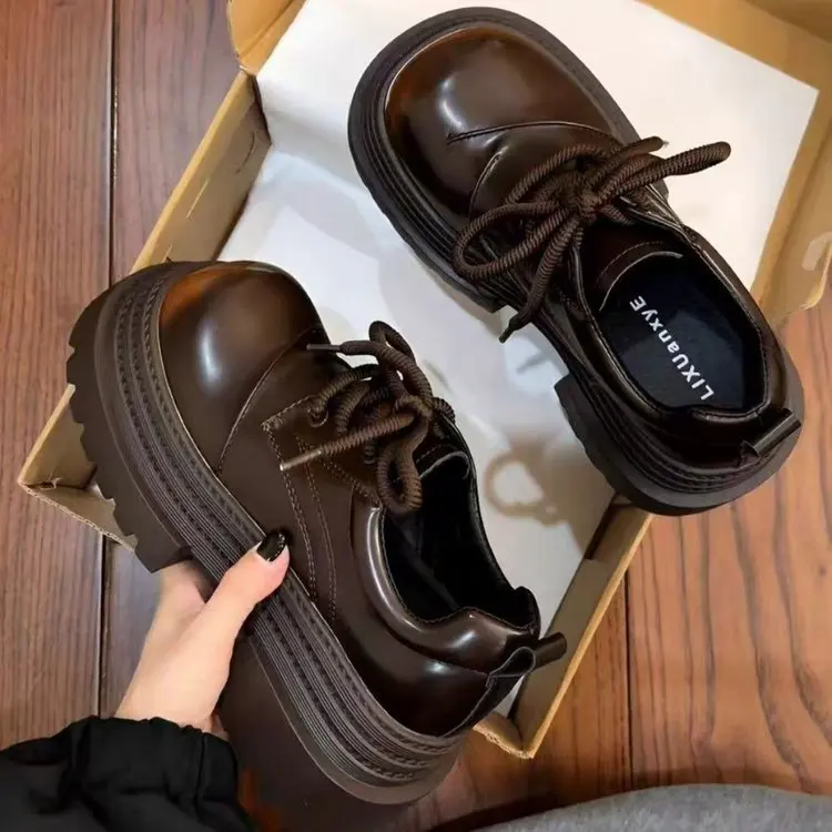 

Women Retro Loafers Spring New Luxury Brand Increase Thick Sole Leather Oxford Shoes Lace Up Outdoor Work Platform Shoes