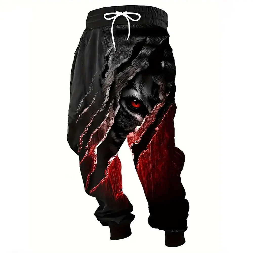 

Men's Large Size Loose Pocket Draw Rope Sports Sweatpants Winter New Thick Warm Sweatpants Fashion Wolf Eyes Printed Sweatpants