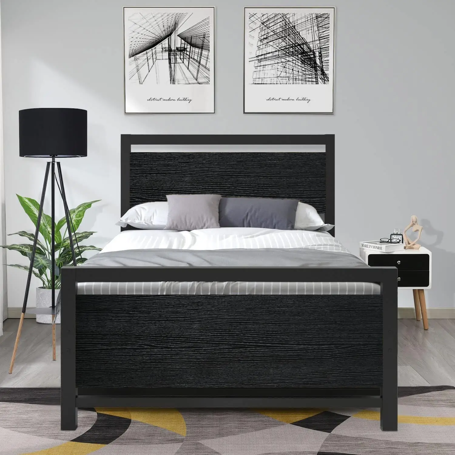 Estrutura de cama de casal, com cabeceira de madeira, estrutura de cama de casal de metal, com suporte de placa de aço maciça, cama de plataforma pesada