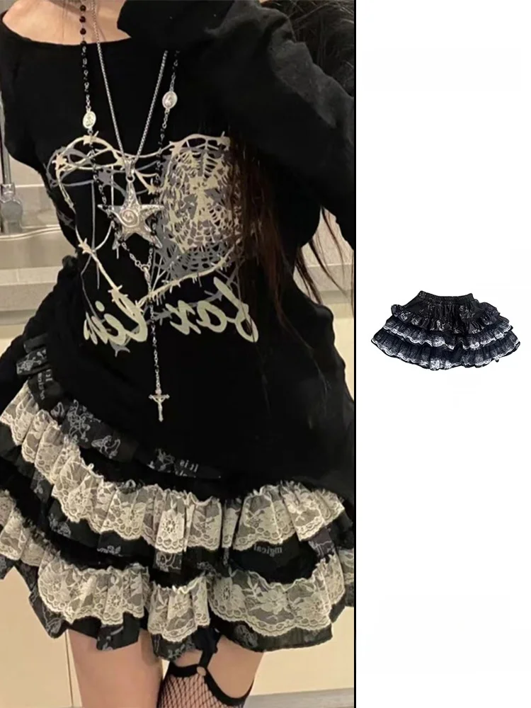 Y2K 밀레니엄 펑크 스윗 쿨 레이스 케이크 스커트 여성 여름 서브컬쳐 펑크 스몰 사이즈 플러피 스커트 하이웨이스트 A라인...