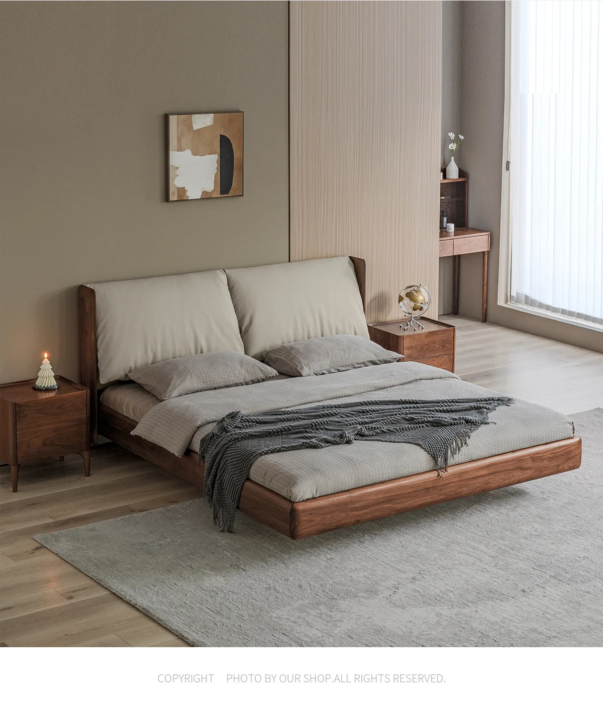 حقيبة ناعمة من جلد الجوز الأسود، سرير كوين، غرفة نوم رئيسية فاخرة وحديثة