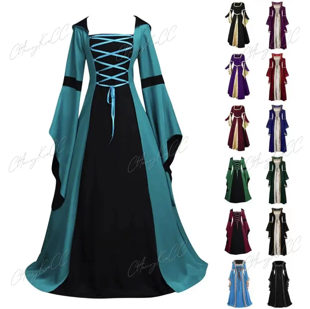 Vestido de Halloween para mujer, Vestido de manga larga Vintage, Swing grande, vestidos casuales huecos para fiesta, Cosplay Medieval para mujer