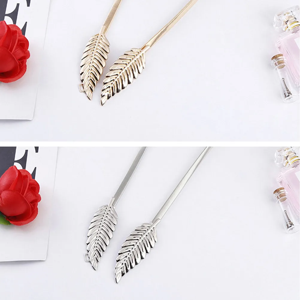 Metal Leaves Waist Belt Adjustable Stretch Elastic Skinny Leaf Shape Decorative Strap Silver for Wedding Dress Loose Blouse Coat view 4