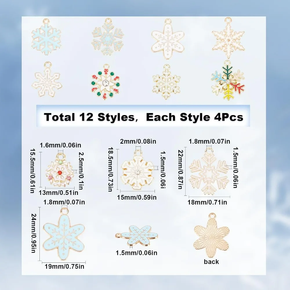 1 Box 48Pcs Snowflake Charms White Winter Charms Bulk Christmas Colorful Enamel Snow Charm Xmas Rhinestone Charms for Jewelry