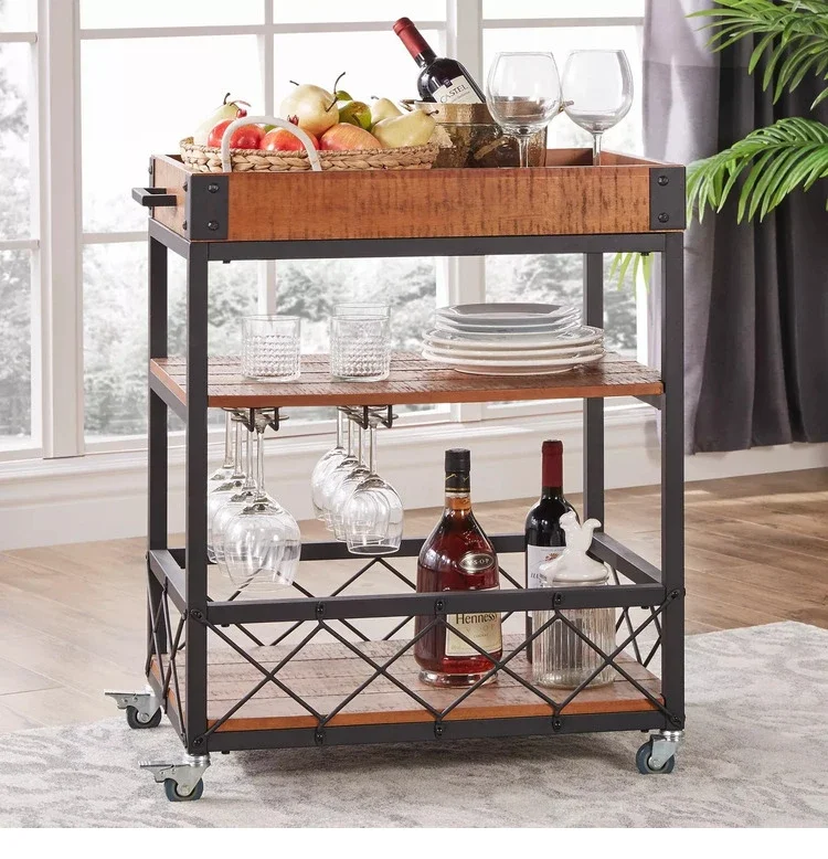 American retro kitchen mobile dining car, iron art small cart, home hotel restaurant, multi-functional beverage cart