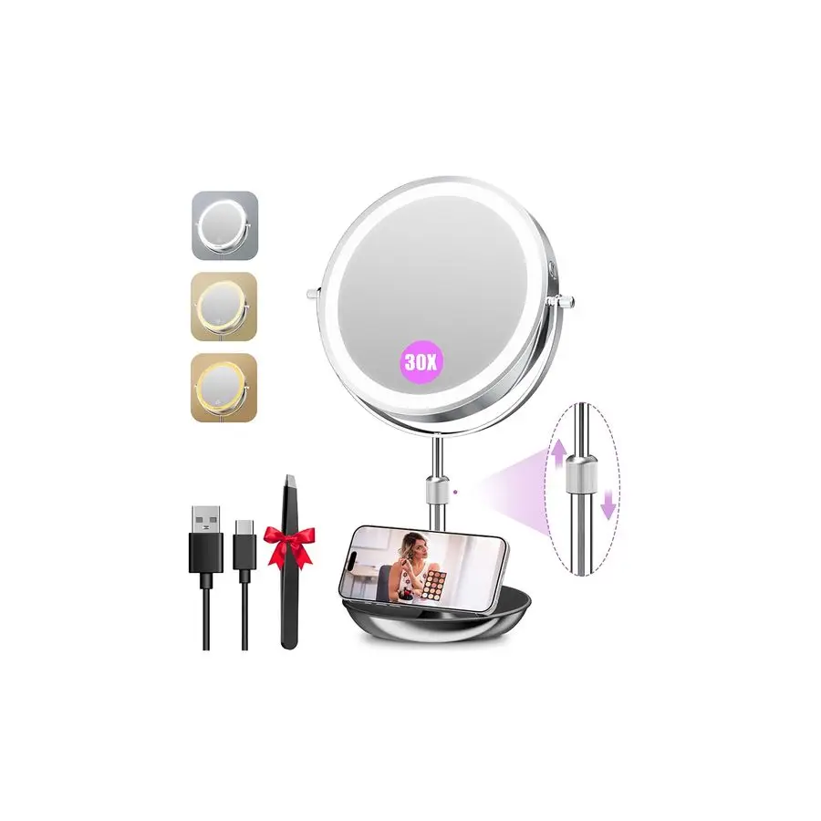 9 Large Lighted Makeup Mirror with Magnification, 1X 30X Double Sided Magnifying Mirror with Adjustable Height, Rechargeable Van