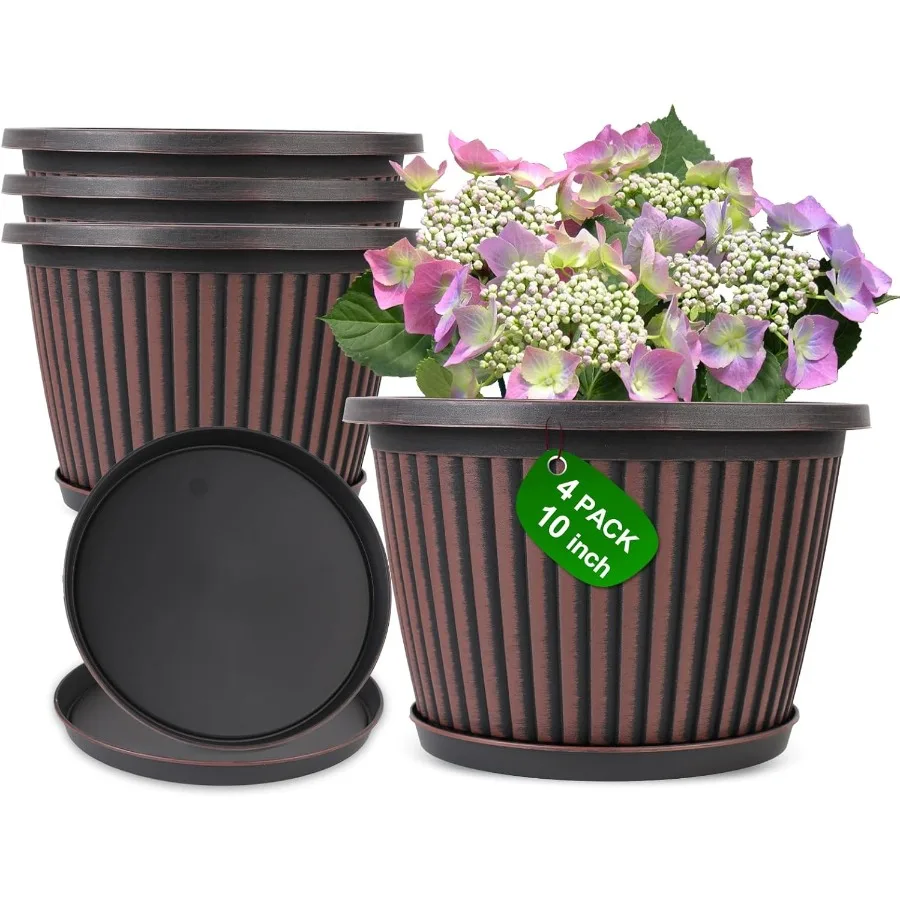 

Modern Indoor and Outdoor 4 Pack 10 Inch Plastic Flower Pots with Saucers and Drainage Holes for Planting Medium to Large Plant