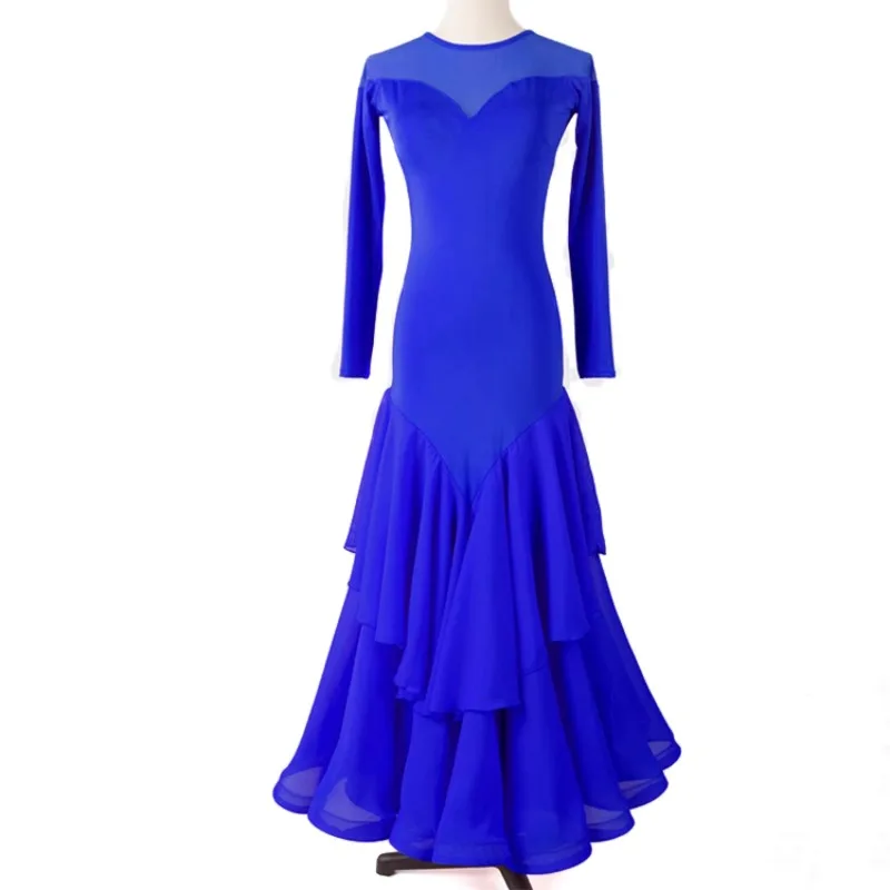 

Платье для современного танца по индивидуальному заказу, V-образное платье с круглым вырезом и средним рукавом, национальный стандарт, шифоновая юбка для вальса, большие качели
