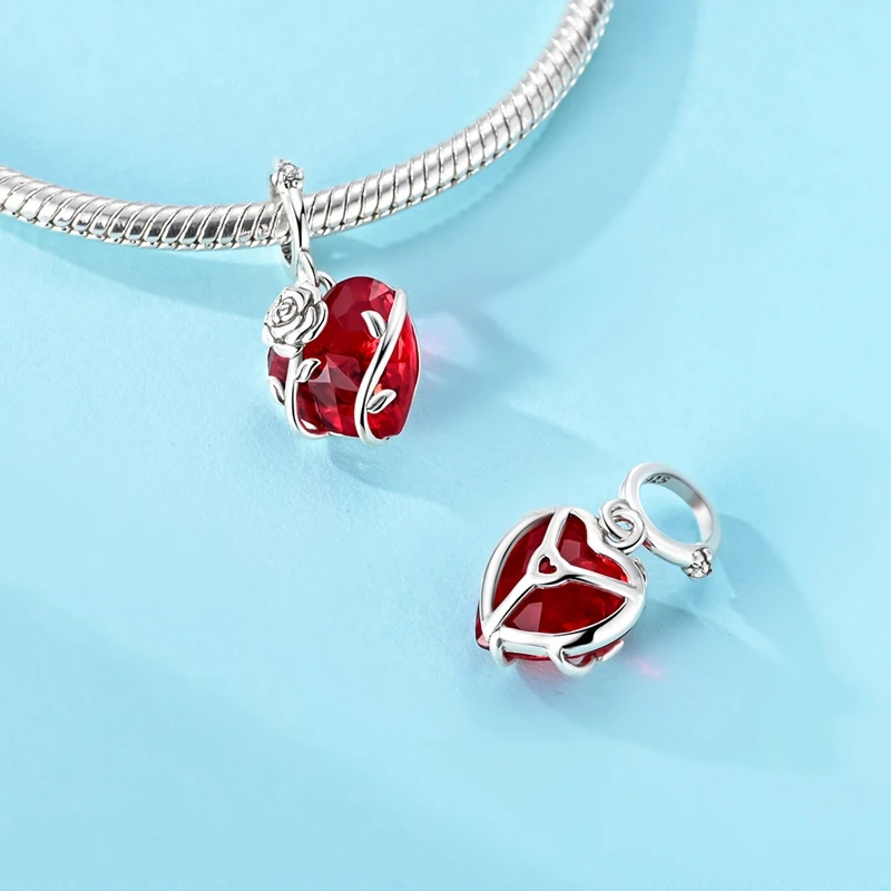 925 Sterling Silber Rote Charms Perle CZ Zirkon Herz Rose Anhänger Passend für Original Armband DIY Damen Schmuck Geschenk