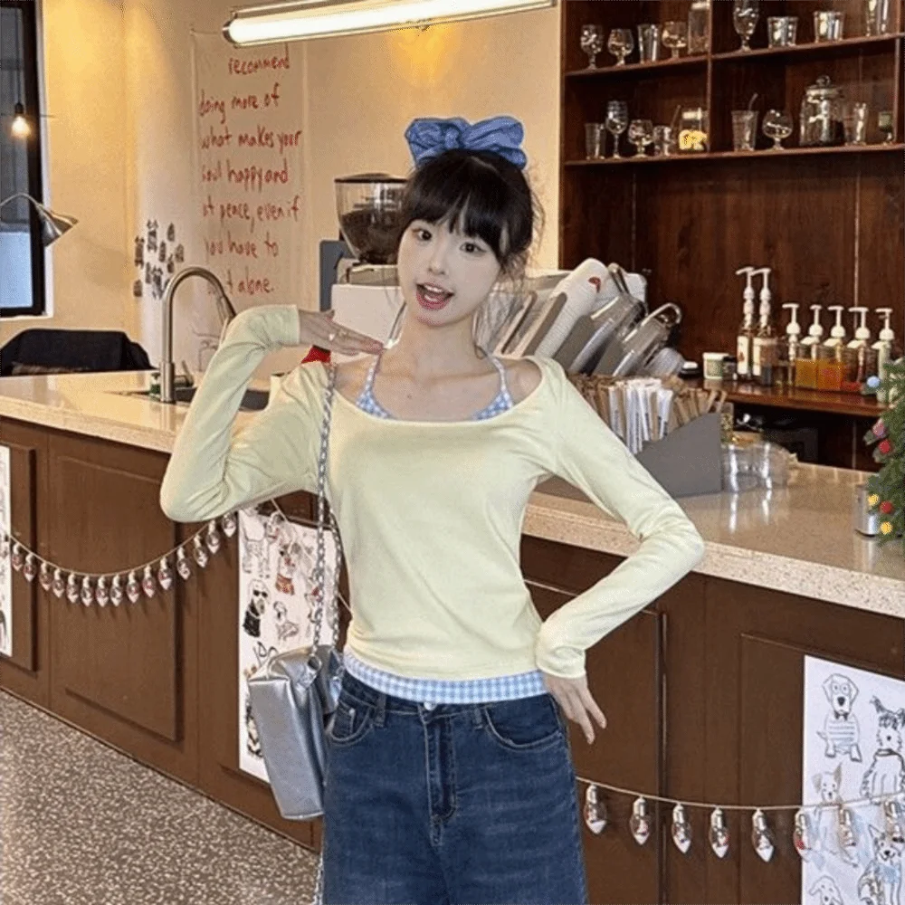 مريحة الأزرق شبكة طويلة الأكمام تي شيرت الدانتيل بسيط سليم رقيقة البلوز قاع قميص قميص المحاصيل الأعلى النساء Y2k الإناث