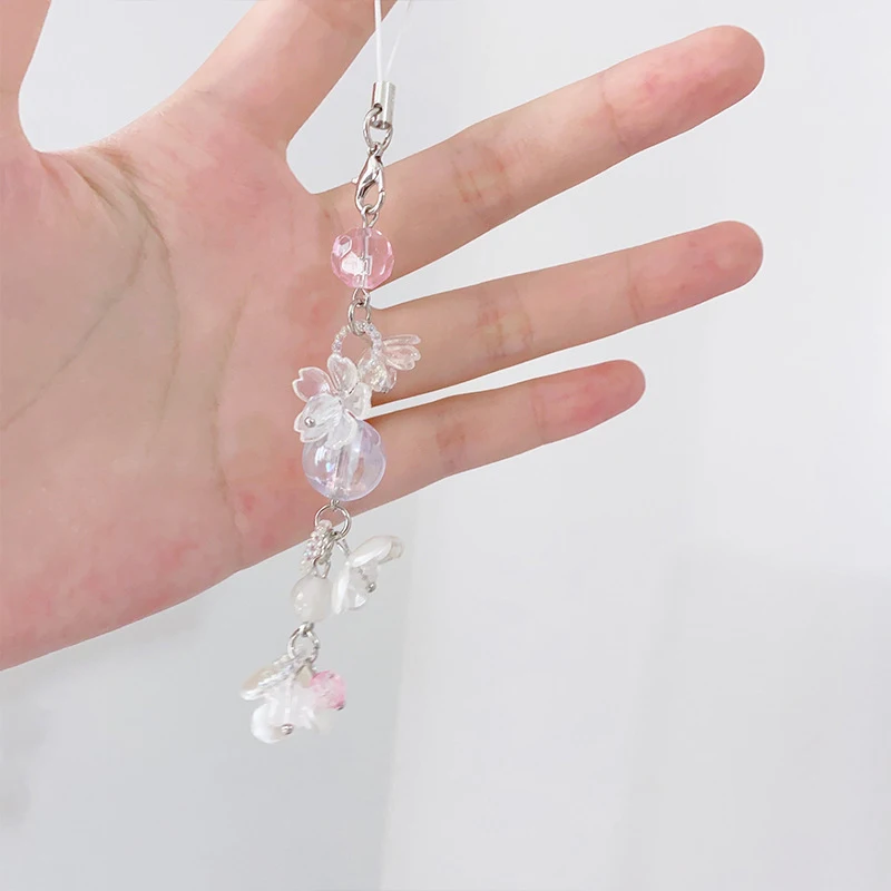 Y2K Fashion Sweet Flower Beaded Wind Chime Pendant Cute Phone Charm Strap Keychain Woman Bag Charm Decoration Gifts