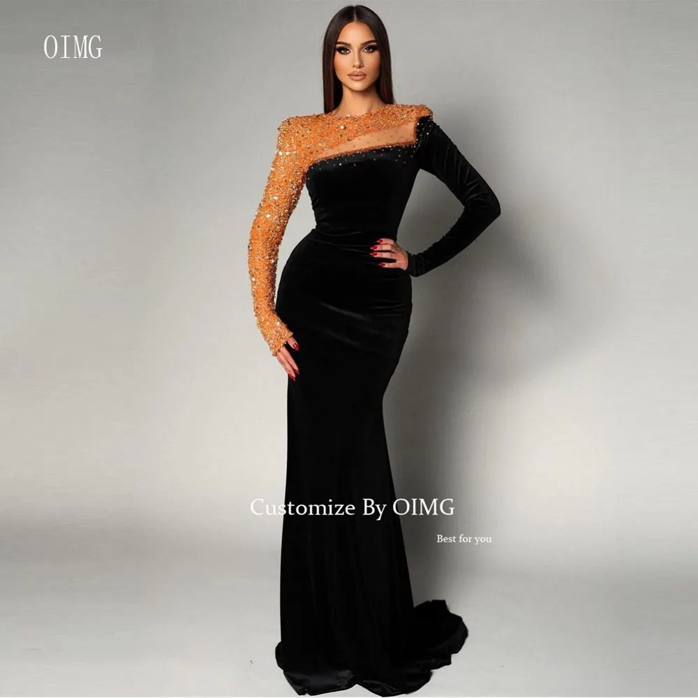 

OIMG Glitter Black Mermaid Velvet Evening Dresses Long Sleeves O-Neck Sparkly Dubai Arabic Women Prom Gowns Formal Party Dress