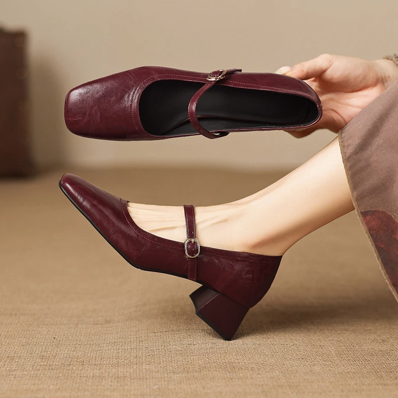 Women's New Spring and Autumn Genuine Leather Sheepskin Square Head Middle Heel Large Mary Jane Shoes Work Single Shoes