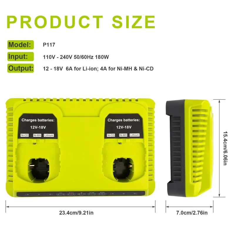 HAKSINKY Portable Charging Dock P117 Dual-Port 18V Battery Charger Lithium Battery Rapid Charger for RYOBI 18V ONE+ Batteries