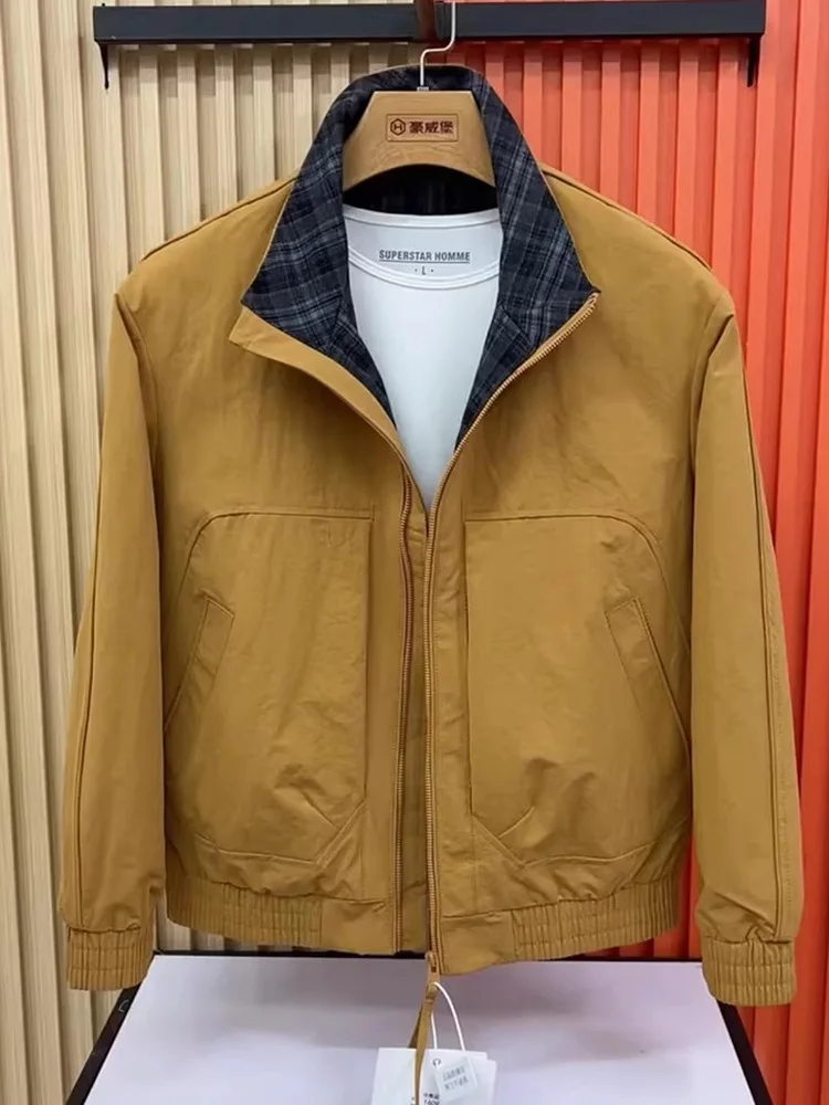 

Men's Plaid Stand Collar Jacket Outerwear Stylish Trendy Spring Autumn Versatile Handsome Checkered Casual Zipper Sleeveless