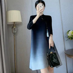 Miyake Pleated Dress Women's Loose Large Size Casual Comfortable Simple Stand-up Collar Gradient Dress 2024 Summer New Style