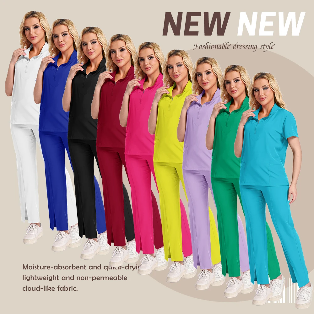 Multi Color Tunic Spa Work Suit Nurses Hospital Uniform Scrub Sets Women Zipper Set Short Sleeve Medical Uniforms High Quality