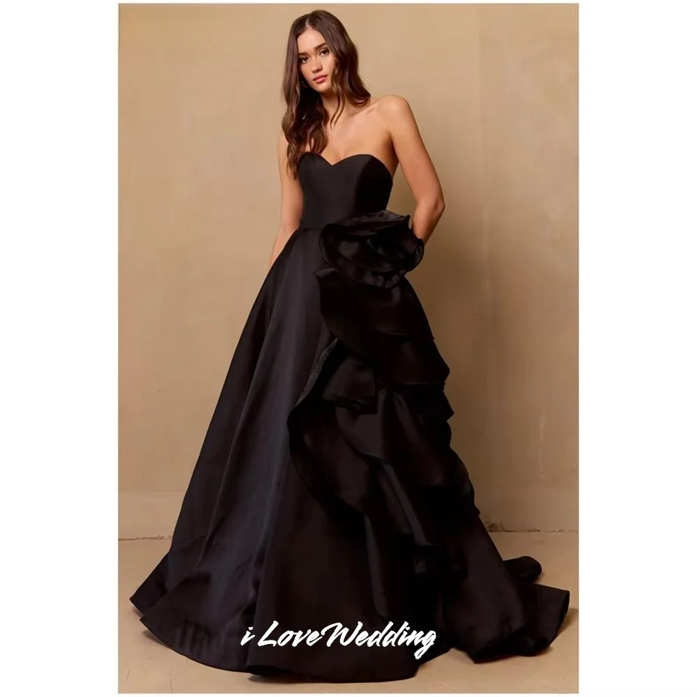 

Black Sweetheart Prom Dresses Sleeveless Backless 3D Flowers A-Line Floor-Length Dubai Pleated Wedding Party Dresses Customized