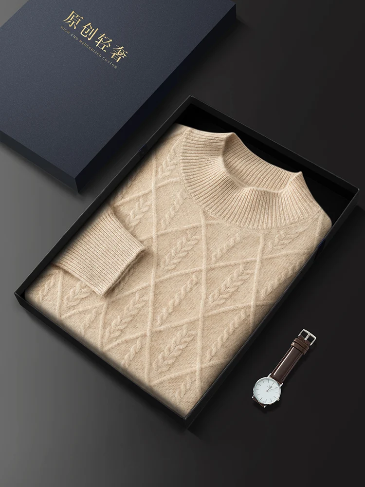 Мужской свитер из 100% кашемира с ромбовидной сеткой, маленький витой цветок, пуловер с воротником-стойкой, осень-зима, плотный элегантный повседневный трикотаж, топы