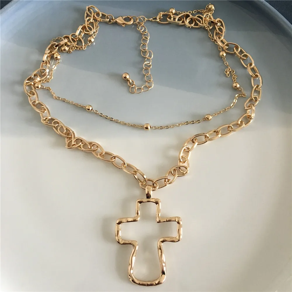 Gold Color Hammered Big Hollow Cross Hammered Effect Layered Necklace For Women Jewelry 2023 New arrival