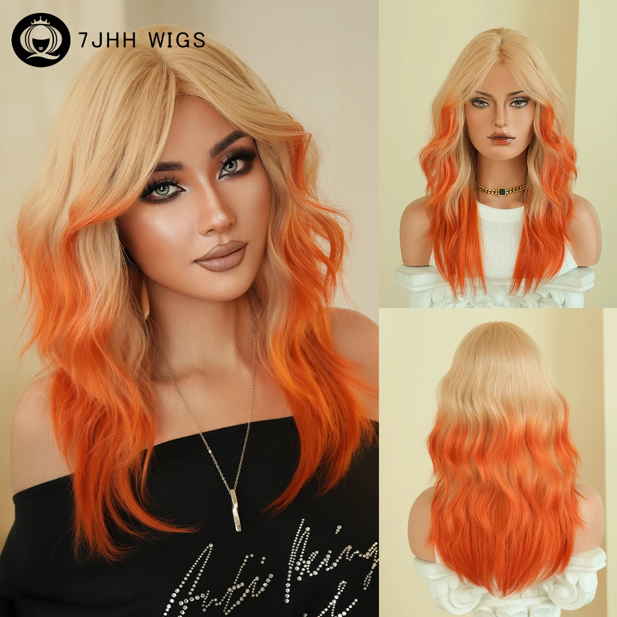 

7JHH WIGS Long Body Wave Blonde Ombre Orange Wig for Women Modest Fashion Synthetic Elegant Middle Part Wigs with Curtain Bangs
