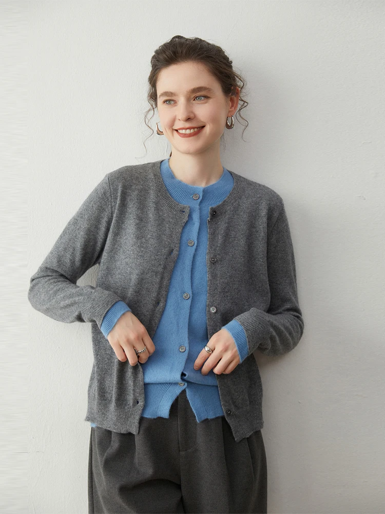 

Woman Clothing Autumn Winter 100% Cashmere Sweater Soft Warm Two Color Cardigan Casual Grace O-Neck Knitting Classic Versatile