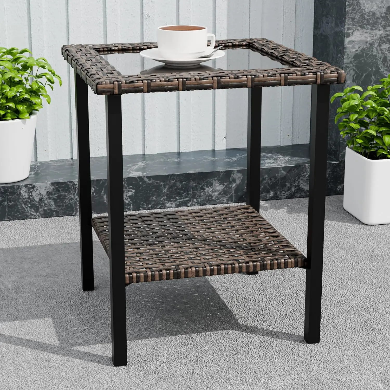 Ocean Vista Outdoor Wicker Side Table Tempered Glass Top For Patio Porch, Balcony, Poolside, Brown