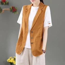 Solid Color Cotton Waistcoat For Women vest Spring Summer Thin Vest Suit Collar Waistcoat Sleeveless Jacket Burr Edger Coat
