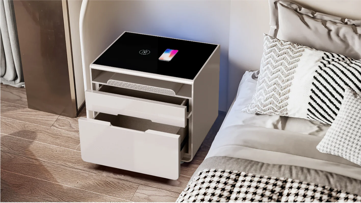 Smart Home Mirrored Bedroom Furniture Metal Smart Side Table Bedside Cabinet Wireless Charging Cupboard with Cooler Drawer